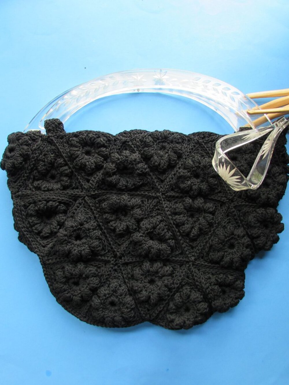 1940 Era Black Crochet Purse Clear Acrylic Handle